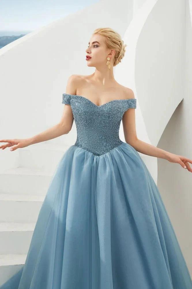 Off the Shoulder aline Princess Ball Gown Tulle Floor Length Beadings Party Gown Lace-up by misshow.com