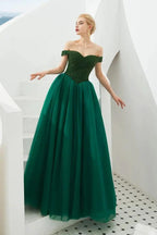 Off the Shoulder aline Princess Ball Gown Tulle Floor Length Beadings Party Gown Lace-up by misshow.com