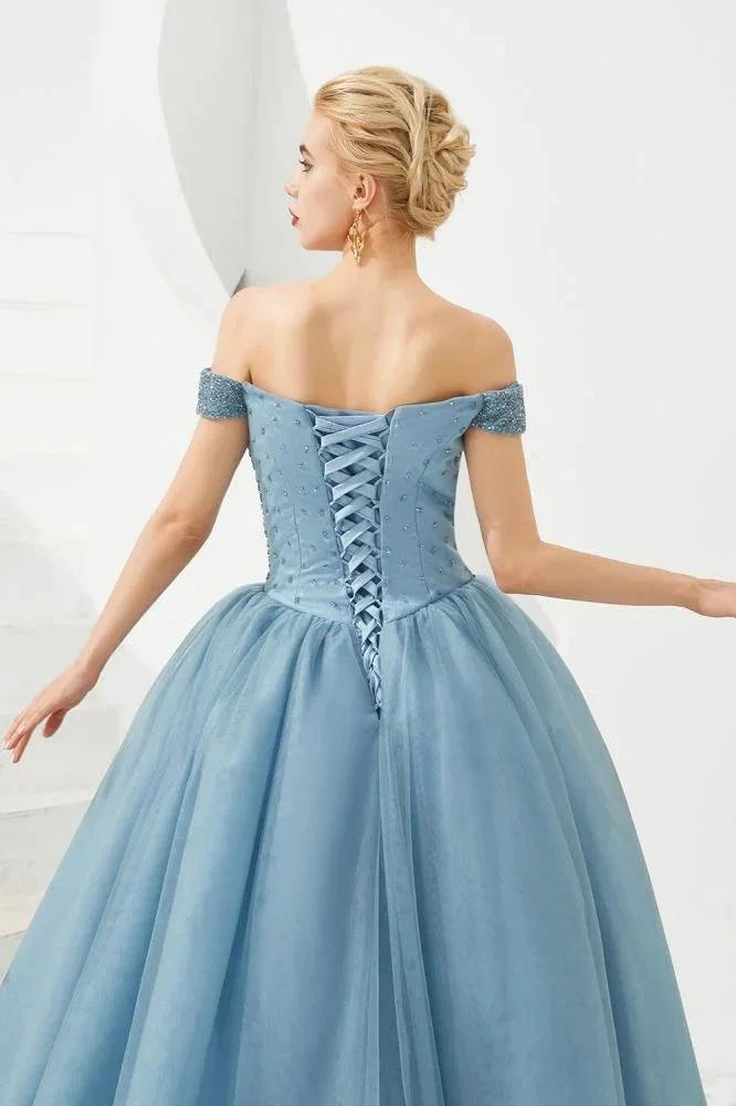 Off the Shoulder aline Princess Ball Gown Tulle Floor Length Beadings Party Gown Lace-up by misshow.com