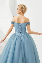 Off the Shoulder aline Princess Ball Gown Tulle Floor Length Beadings Party Gown Lace-up by misshow.com