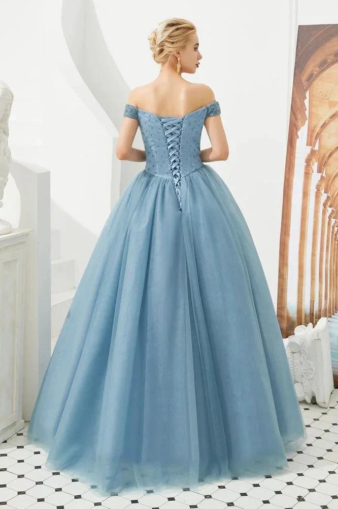 Off the Shoulder aline Princess Ball Gown Tulle Floor Length Beadings Party Gown Lace-up by misshow.com