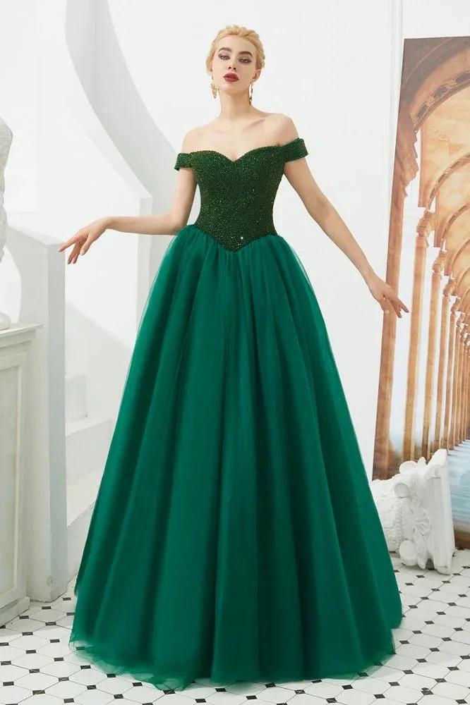 Off the Shoulder aline Princess Ball Gown Tulle Floor Length Beadings Party Gown Lace-up by misshow.com