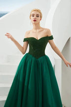 Off the Shoulder aline Princess Ball Gown Tulle Floor Length Beadings Party Gown Lace-up by misshow.com