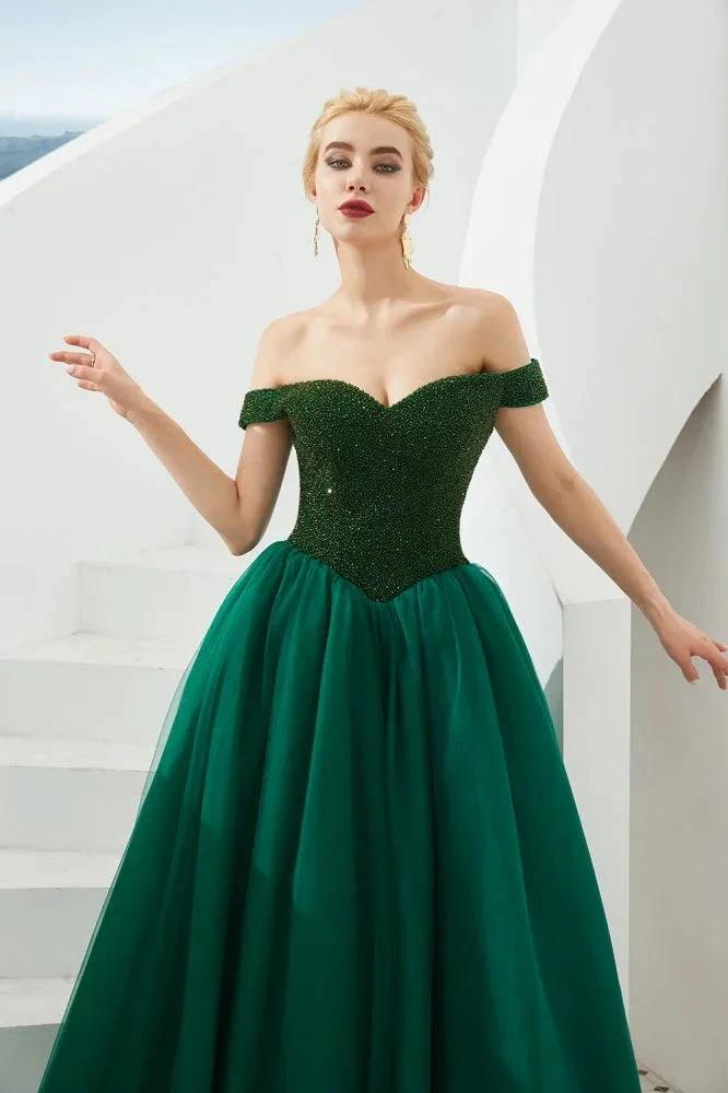 Off the Shoulder aline Princess Ball Gown Tulle Floor Length Beadings Party Gown Lace-up by misshow.com