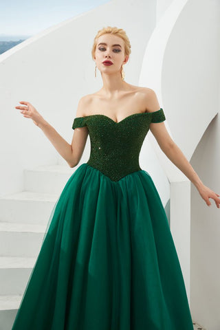 Off the Shoulder aline Princess Ball Gown Tulle Floor Length Beadings Party Gown Lace-up