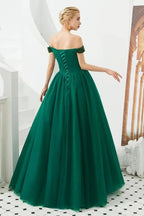 Off the Shoulder aline Princess Ball Gown Tulle Floor Length Beadings Party Gown Lace-up by misshow.com