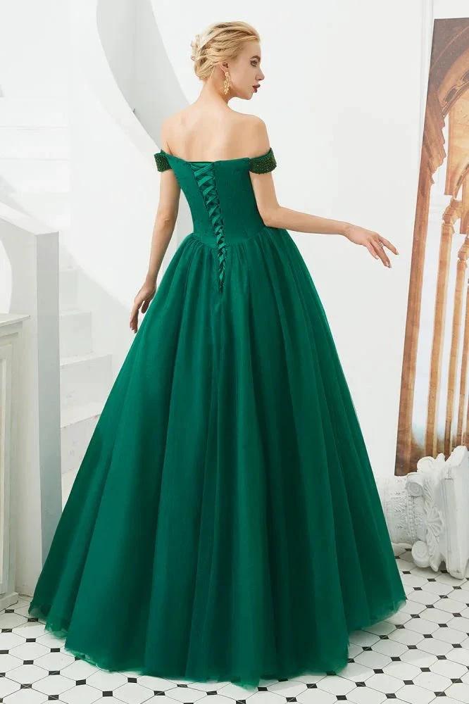 Off the Shoulder aline Princess Ball Gown Tulle Floor Length Beadings Party Gown Lace-up by misshow.com