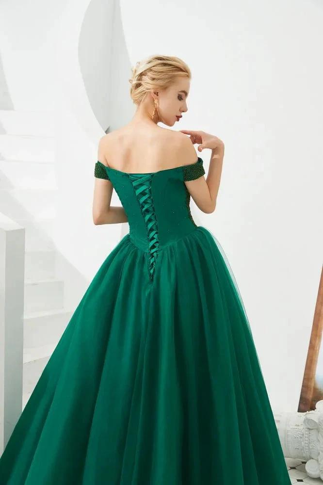 Off the Shoulder aline Princess Ball Gown Tulle Floor Length Beadings Party Gown Lace-up by misshow.com