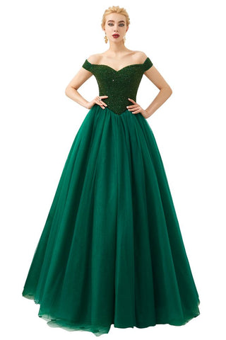 Off the Shoulder aline Princess Ball Gown Tulle Floor Length Beadings Party Gown Lace-up