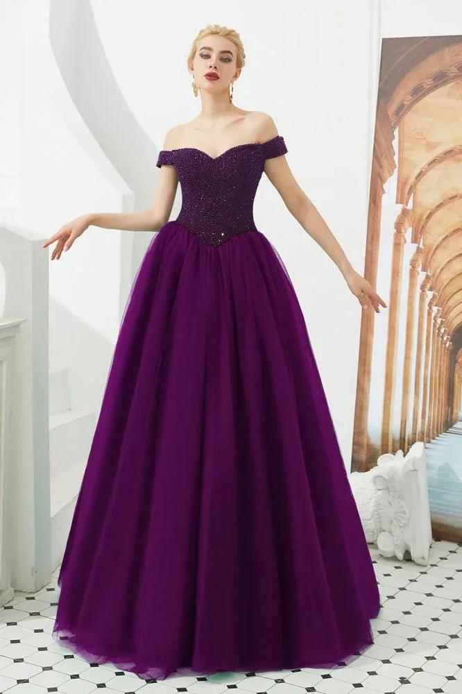 Off the Shoulder aline Princess Ball Gown Tulle Floor Length Beadings Party Gown Lace-up by misshow.com