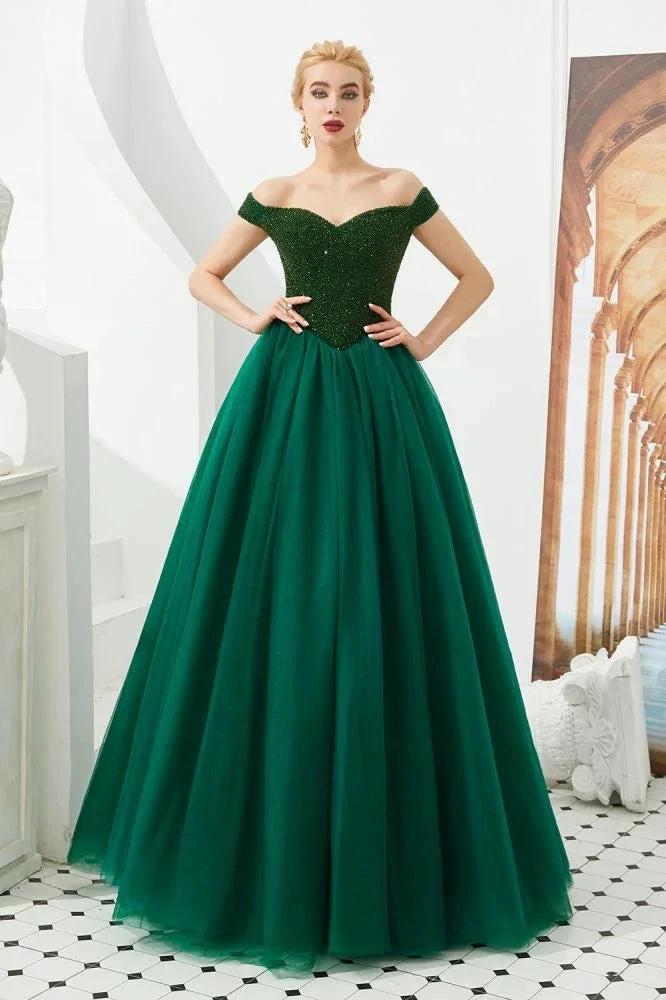 Off the Shoulder aline Princess Ball Gown Tulle Floor Length Beadings Party Gown Lace-up by misshow.com