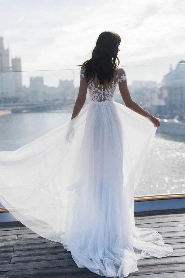 Off The Shoulder Appliques A-line Wedding Dresses | Side Split Tulle Bridal Gowns by misshow.com