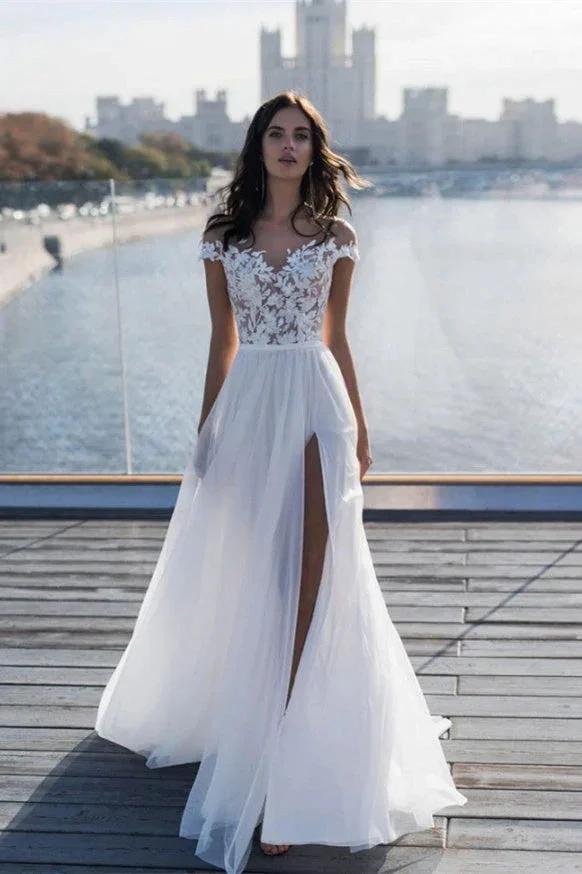 Off The Shoulder Appliques A-line Wedding Dresses | Side Split Tulle Bridal Gowns by misshow.com