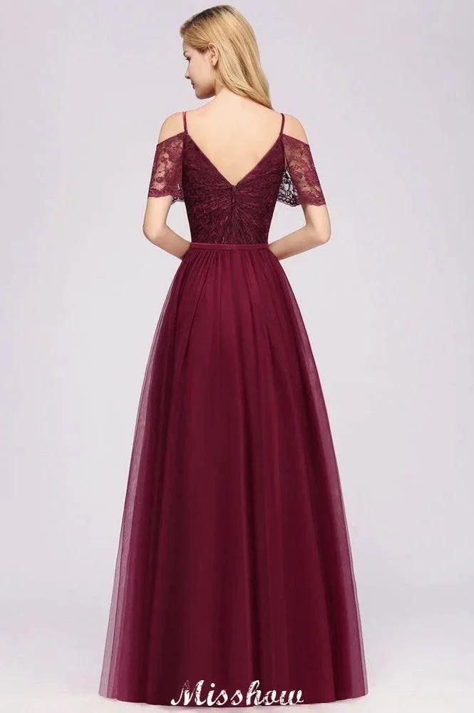 Off the Shoulder Burgundy Aline Bridesmaid Dress Floor Length Tulle Evening Maxi Gown by misshow.com
