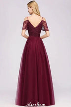 Off the Shoulder Burgundy Aline Bridesmaid Dress Floor Length Tulle Evening Maxi Gown by misshow.com