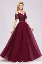 Off the Shoulder Burgundy Aline Bridesmaid Dress Floor Length Tulle Evening Maxi Gown by misshow.com