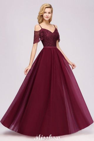 Off the Shoulder Burgundy Aline Bridesmaid Dress Floor Length Tulle Evening Maxi Gown