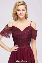 Off the Shoulder Burgundy Aline Bridesmaid Dress Floor Length Tulle Evening Maxi Gown by misshow.com