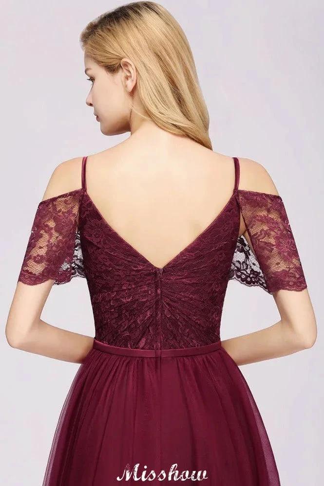 Off the Shoulder Burgundy Aline Bridesmaid Dress Floor Length Tulle Evening Maxi Gown by misshow.com