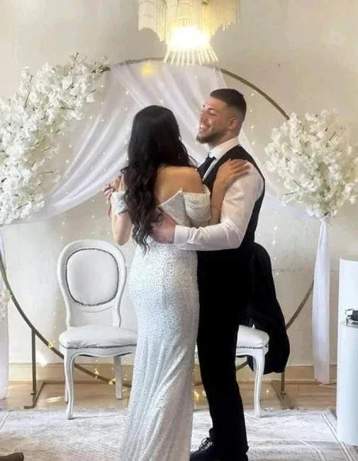 Off the Shoulder Chapel Sequined Floor Length Wedding Dress by misshow.com