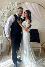 Off the Shoulder Chapel Sequined Floor Length Wedding Dress by misshow.com