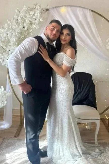 Off the Shoulder Chapel Sequined Floor Length Wedding Dress by misshow.com