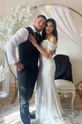 Off the Shoulder Chapel Sequined Floor Length Wedding Dress by misshow.com