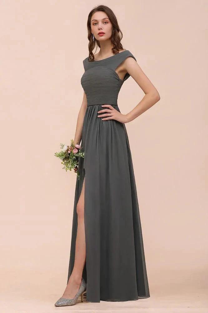 Off the Shoulder Front Side Split Bridesmaid Dress A-line Wedding Guest Dress by misshow.com
