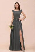 Off the Shoulder Front Side Split Bridesmaid Dress A-line Wedding Guest Dress by misshow.com
