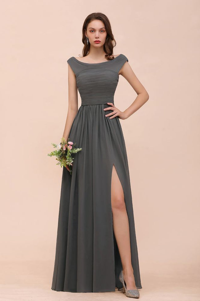 Off the Shoulder Front Side Split Bridesmaid Dress A-line Wedding Guest Dress Hover Image