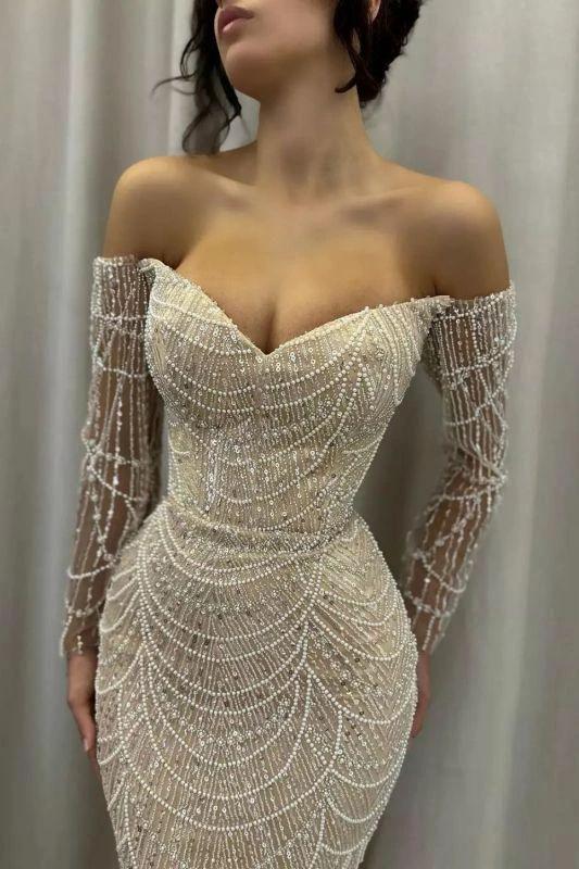 Off-the-Shoulder Glitter Pearls Evening Dresses Mermaid Long Sleeves Prom Dress with Beadings by misshow.com