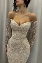 Off-the-Shoulder Glitter Pearls Evening Dresses Mermaid Long Sleeves Prom Dress with Beadings by misshow.com