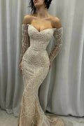Off-the-Shoulder Glitter Pearls Evening Dresses Mermaid Long Sleeves Prom Dress with Beadings by misshow.com