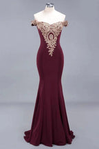 Off the Shoulder Gold Appliques Mermaid Evening Gowns Slim Prom Dress by misshow.com