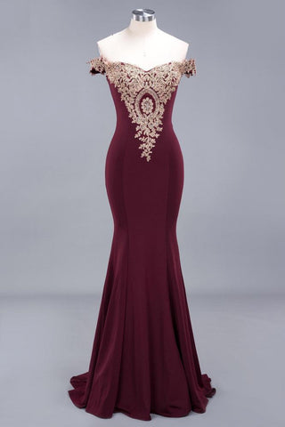 Off the Shoulder Gold Appliques Mermaid Evening Gowns Slim Prom Dress