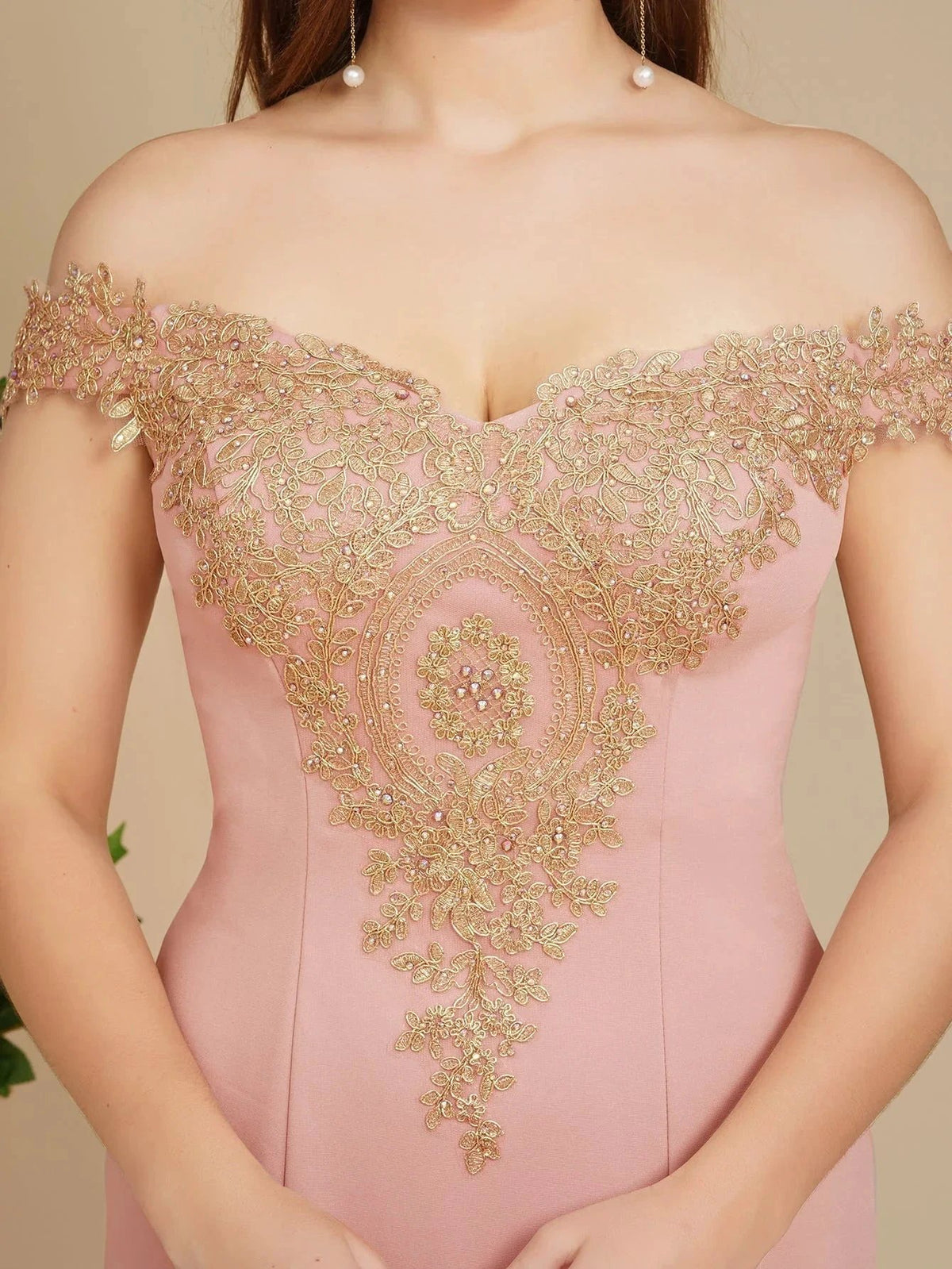 Off the Shoulder Gold Appliques Mermaid Evening Gowns Slim Prom Dress by misshow.com