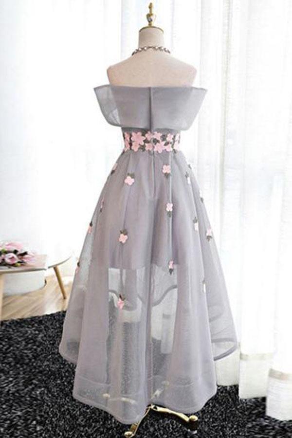 Off-the-Shoulder High Low Grey Tulle Homecoming Dress With Appliques   PD243 Main Image