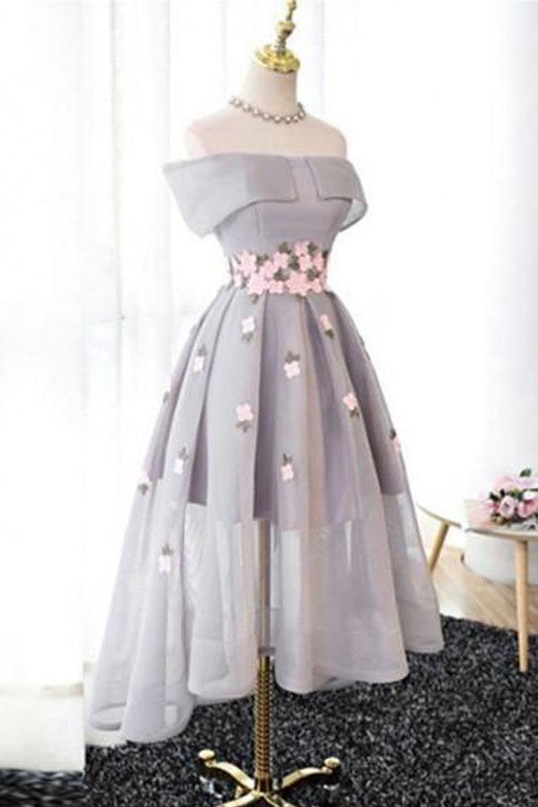 Off-the-Shoulder High Low Grey Tulle Homecoming Dress With Appliques   PD243 Hover Image