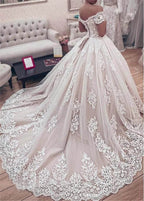 Off the Shoulder Lace Appliques Ball Gown Wedding Dress WD027 by pgmdress