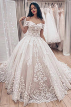 Off the Shoulder Lace Appliques Ball Gown Wedding Dress WD027 by pgmdress