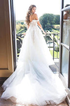 Off The Shoulder Lace Appliques Modest Tulle Princess Wedding Dress WD445 by pgmdress