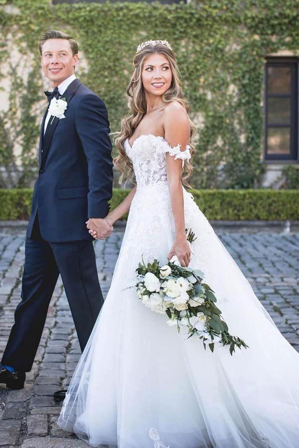 Off The Shoulder Lace Appliques Modest Tulle Princess Wedding Dress WD445 by pgmdress