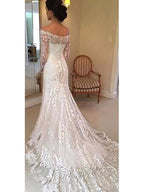 Off the Shoulder Long Sleeves Lace Wedding Dress Bridal Gown WD137 by pgmdress