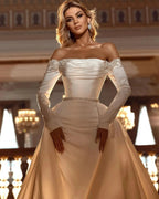 Off-the-Shoulder Long Sleeves Satin Mermaid Wedding Dress with Detachable Tail by misshow.com