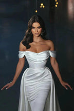 White Long Off-the-Shoulder Satin Mermaid Wedding Dress by Biztunnel
