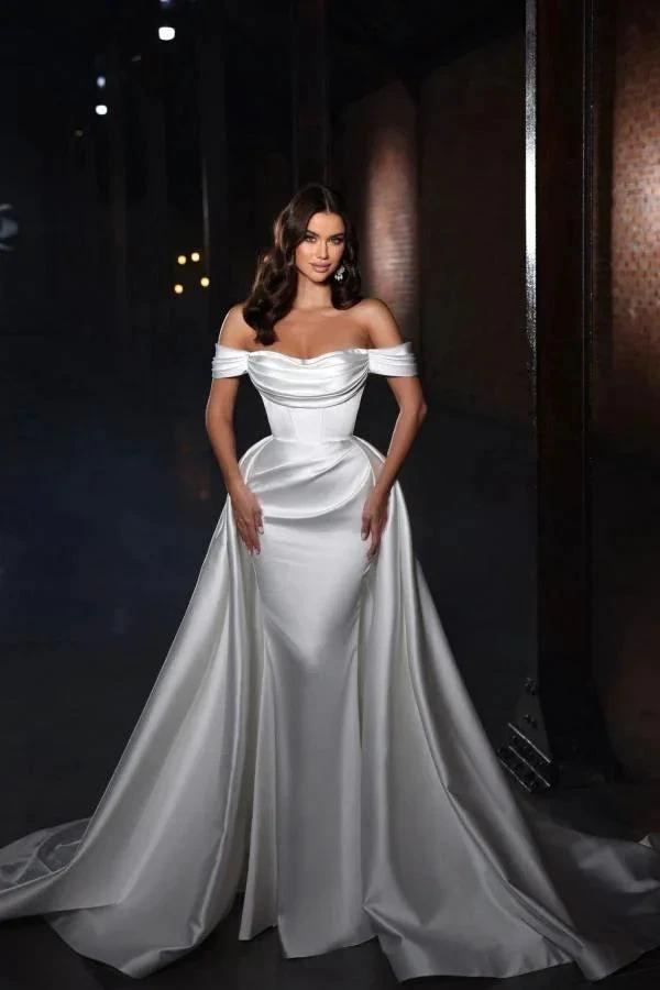 White Long Off-the-Shoulder Satin Mermaid Wedding Dress by Biztunnel