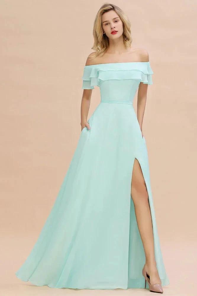 Off the Shoulder Mini-Green Front Slit Bridesmaid Dress Aline Beach Wedding Dress by misshow.com