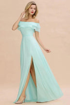 Off the Shoulder Mini-Green Front Slit Bridesmaid Dress Aline Beach Wedding Dress by misshow.com
