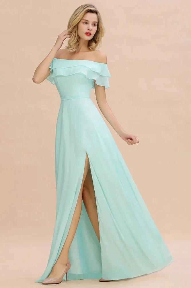 Off the Shoulder Mini-Green Front Slit Bridesmaid Dress Aline Beach Wedding Dress by misshow.com
