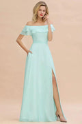 Off the Shoulder Mini-Green Front Slit Bridesmaid Dress Aline Beach Wedding Dress by misshow.com